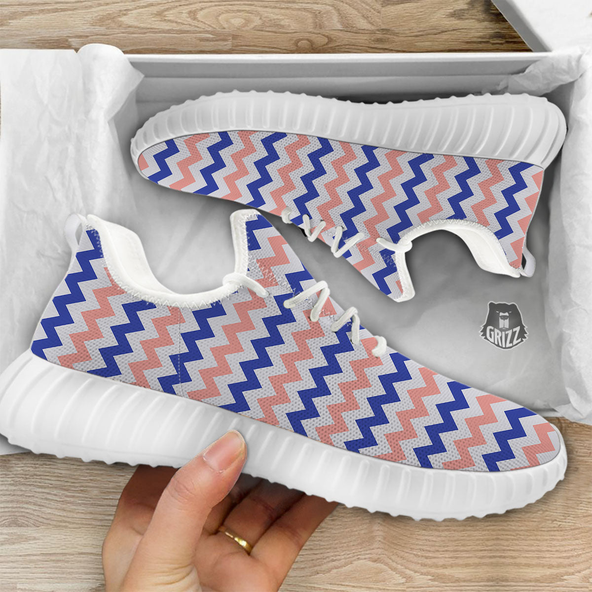 Zigzag White Pink And Navy Print Pattern White Walking Shoes-grizzshop