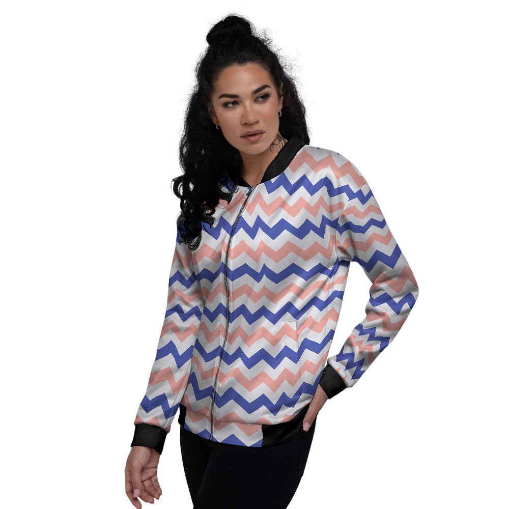 Zigzag White Pink And Navy Print Pattern Women's Bomber Jacket-grizzshop