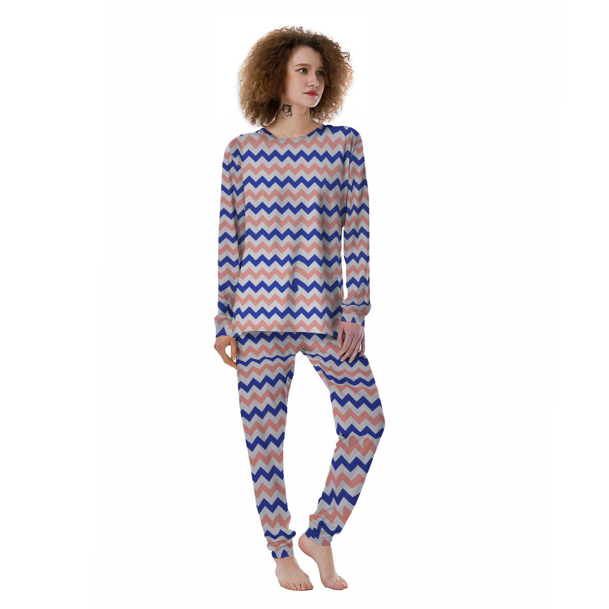 Zigzag White Pink And Navy Print Pattern Women's Pajamas-grizzshop