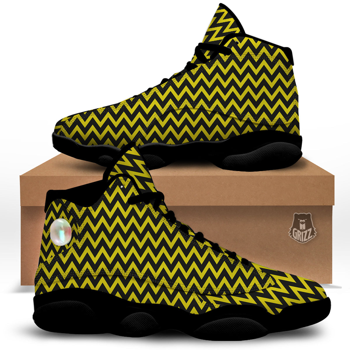 Zigzag Yellow And Black Print Pattern Black Basketball Shoes-grizzshop