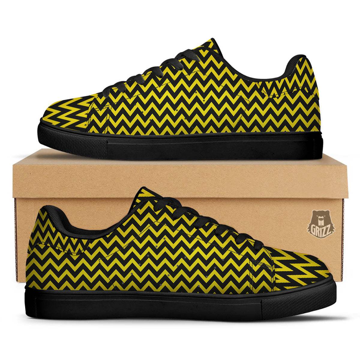 Zigzag Yellow And Black Print Pattern Black Low Top Sneakers-grizzshop