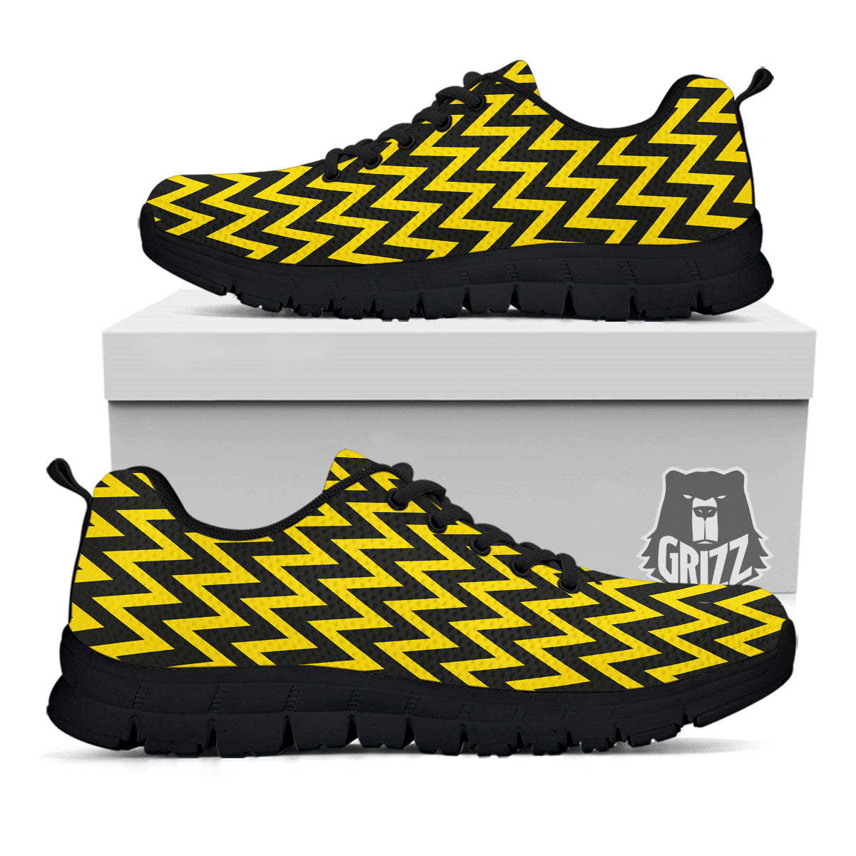 Zigzag Yellow And Black Print Pattern Black Sneaker-grizzshop