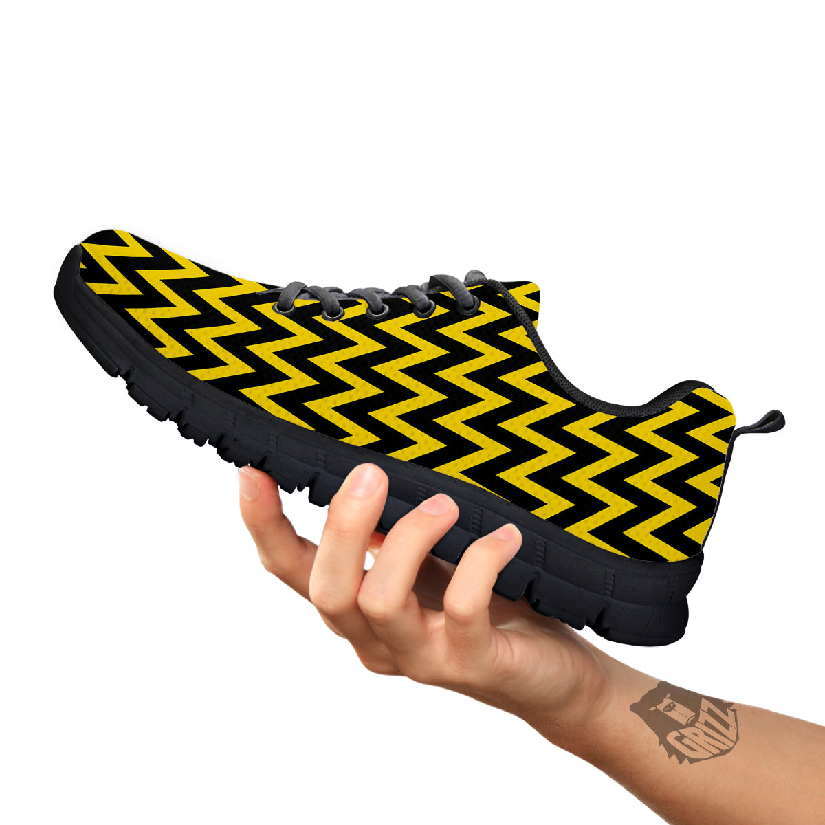 Zigzag Yellow And Black Print Pattern Black Sneaker-grizzshop