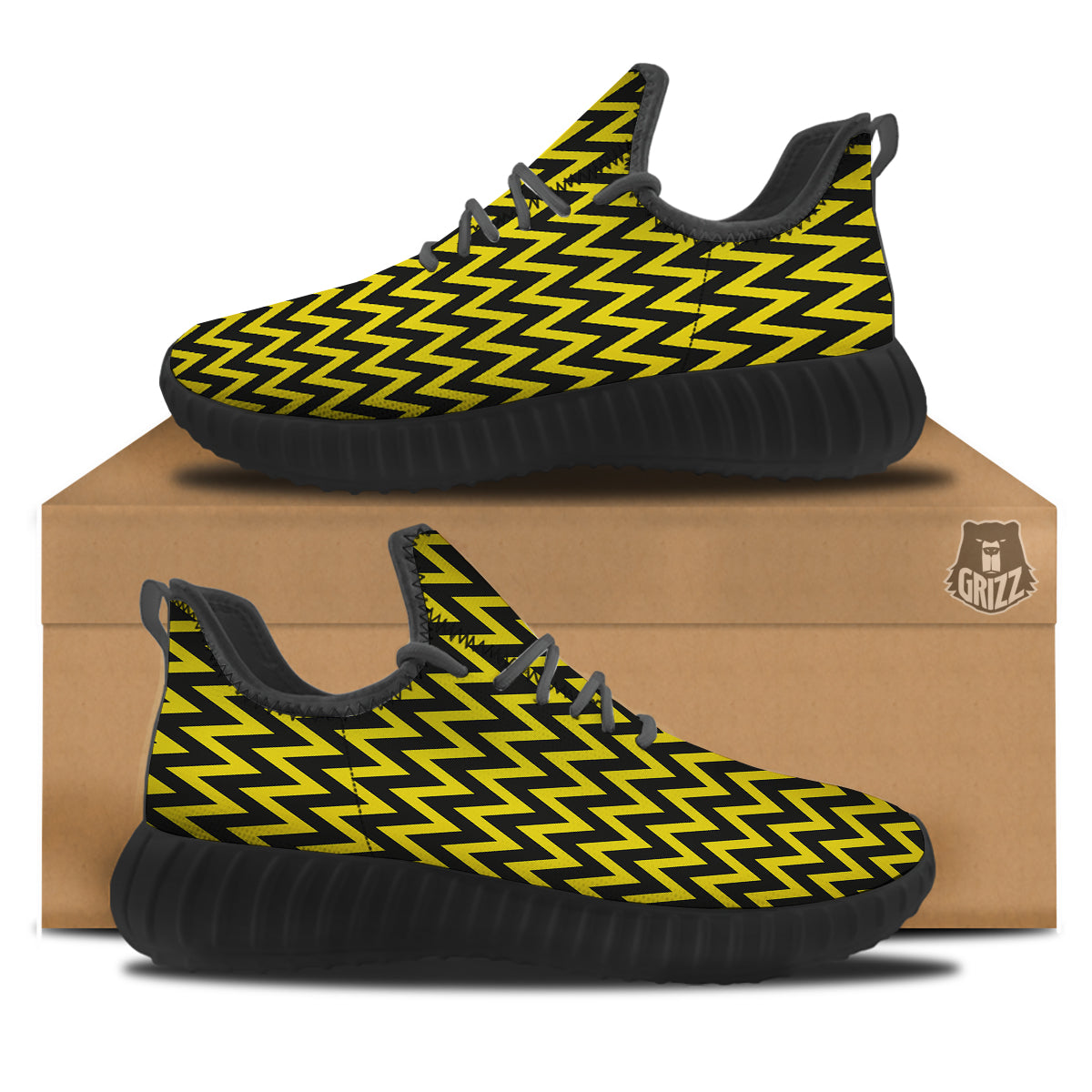 Zigzag Yellow And Black Print Pattern Black Walking Shoes-grizzshop