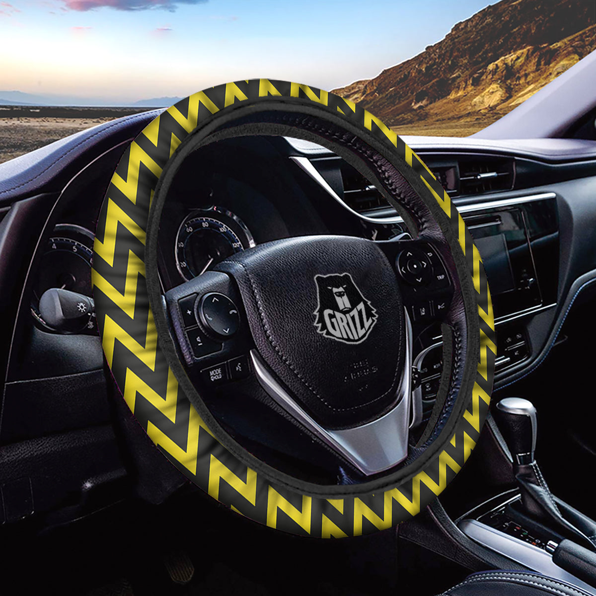 Zigzag Yellow And Black Print Pattern Car Steering Wheel Cover-grizzshop