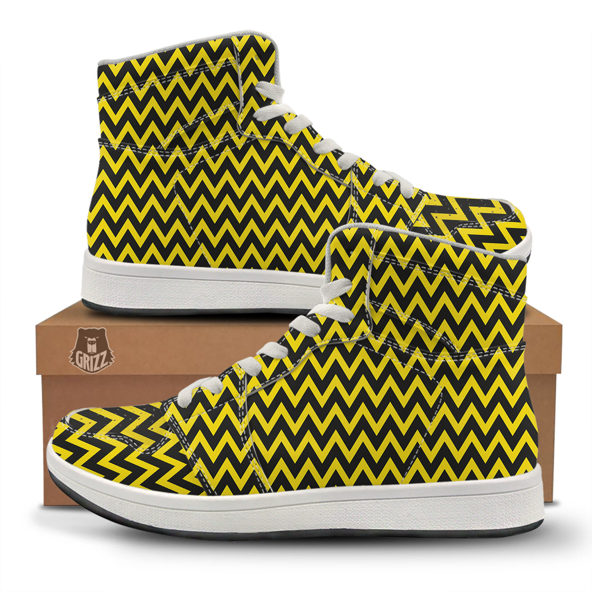 Zigzag Yellow And Black Print Pattern High Top Sneakers-grizzshop