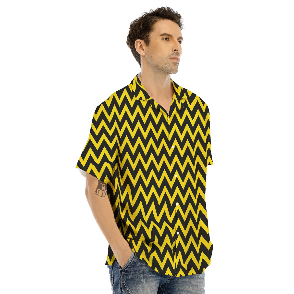Zigzag Yellow And Black Print Pattern Men's Hawaiian Shirt-grizzshop