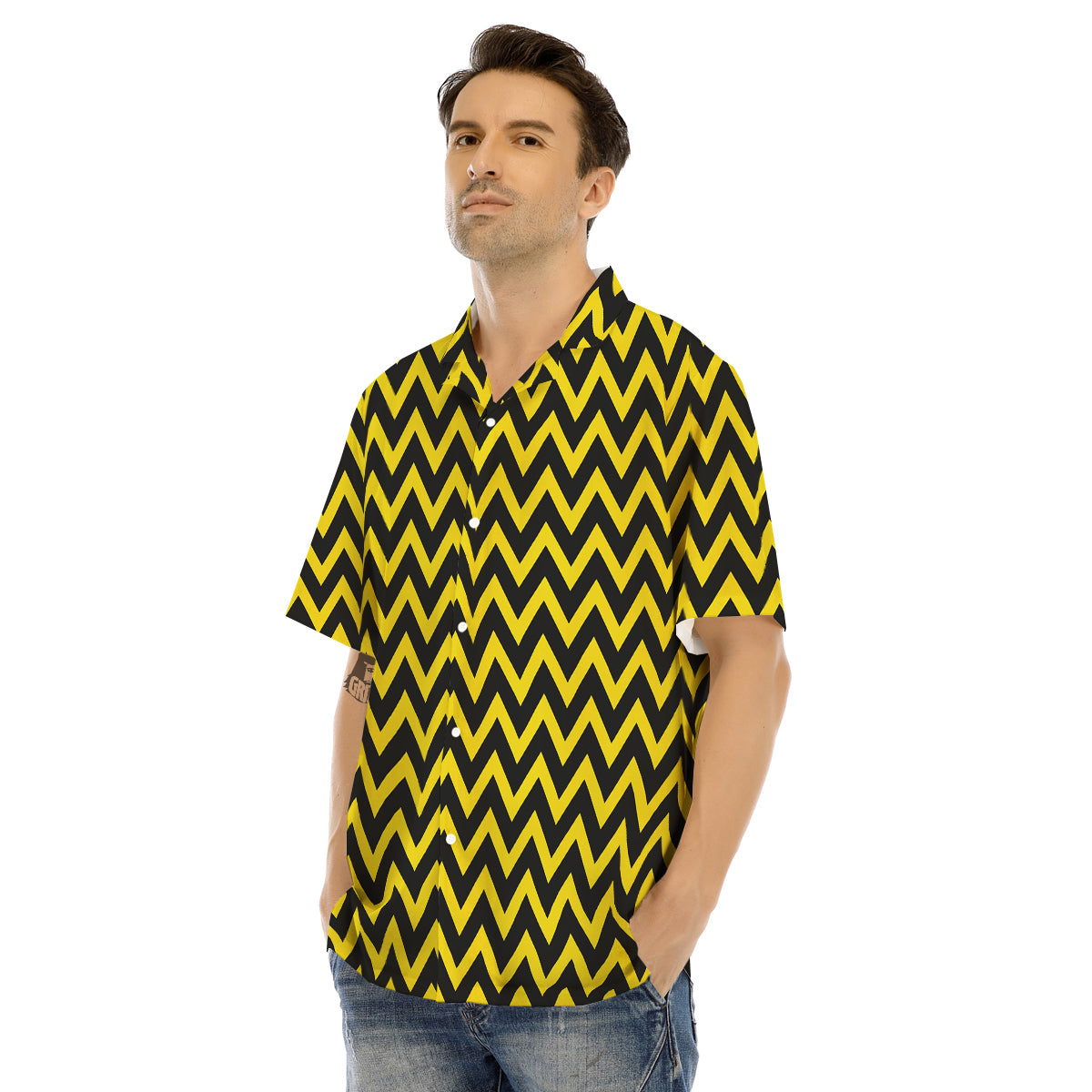 Zigzag Yellow And Black Print Pattern Men's Hawaiian Shirt-grizzshop