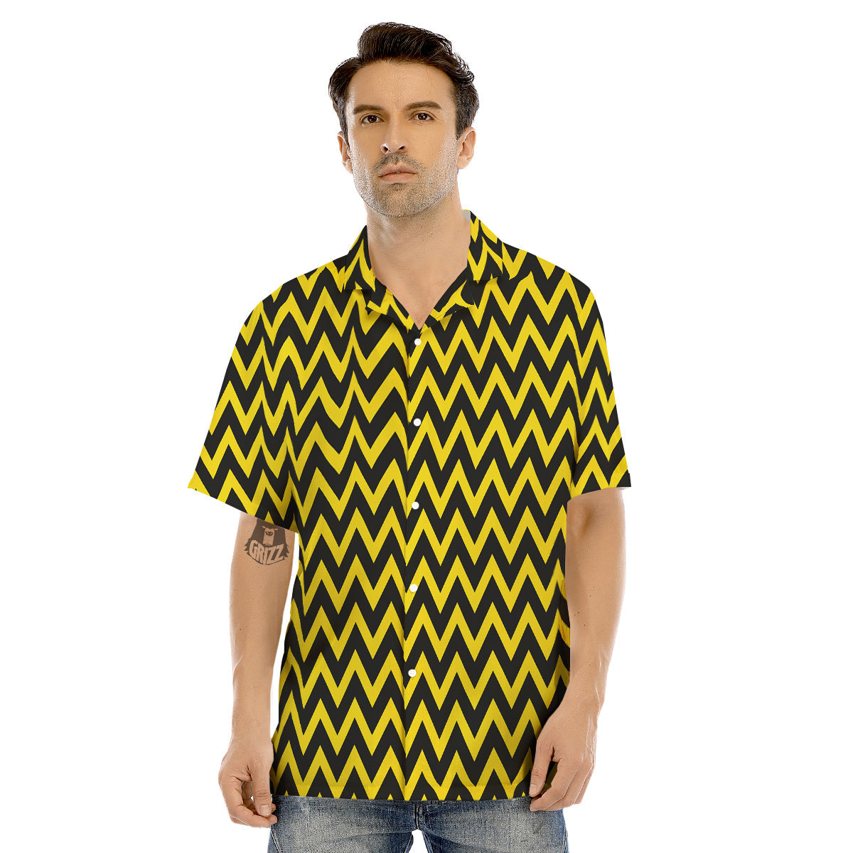 Zigzag Yellow And Black Print Pattern Men's Hawaiian Shirt-grizzshop