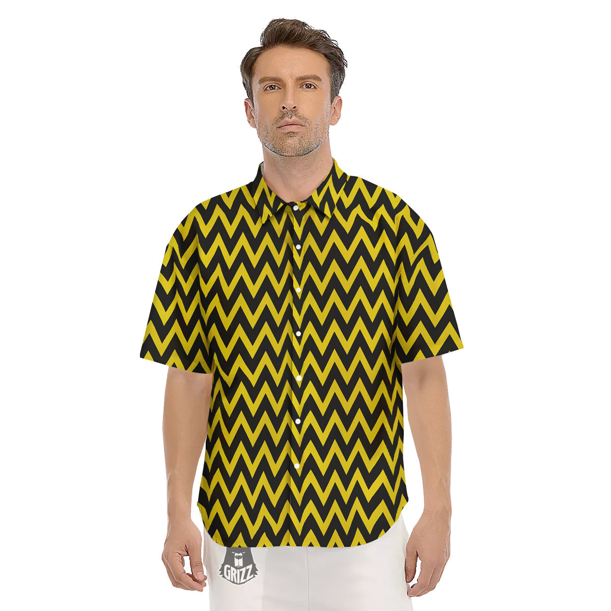 Zigzag Yellow And Black Print Pattern Men's Short Sleeve Shirts-grizzshop