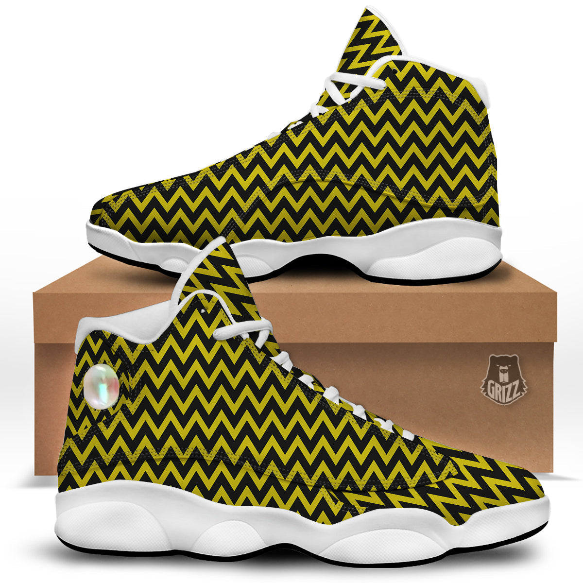 Zigzag Yellow And Black Print Pattern White Basketball Shoes-grizzshop