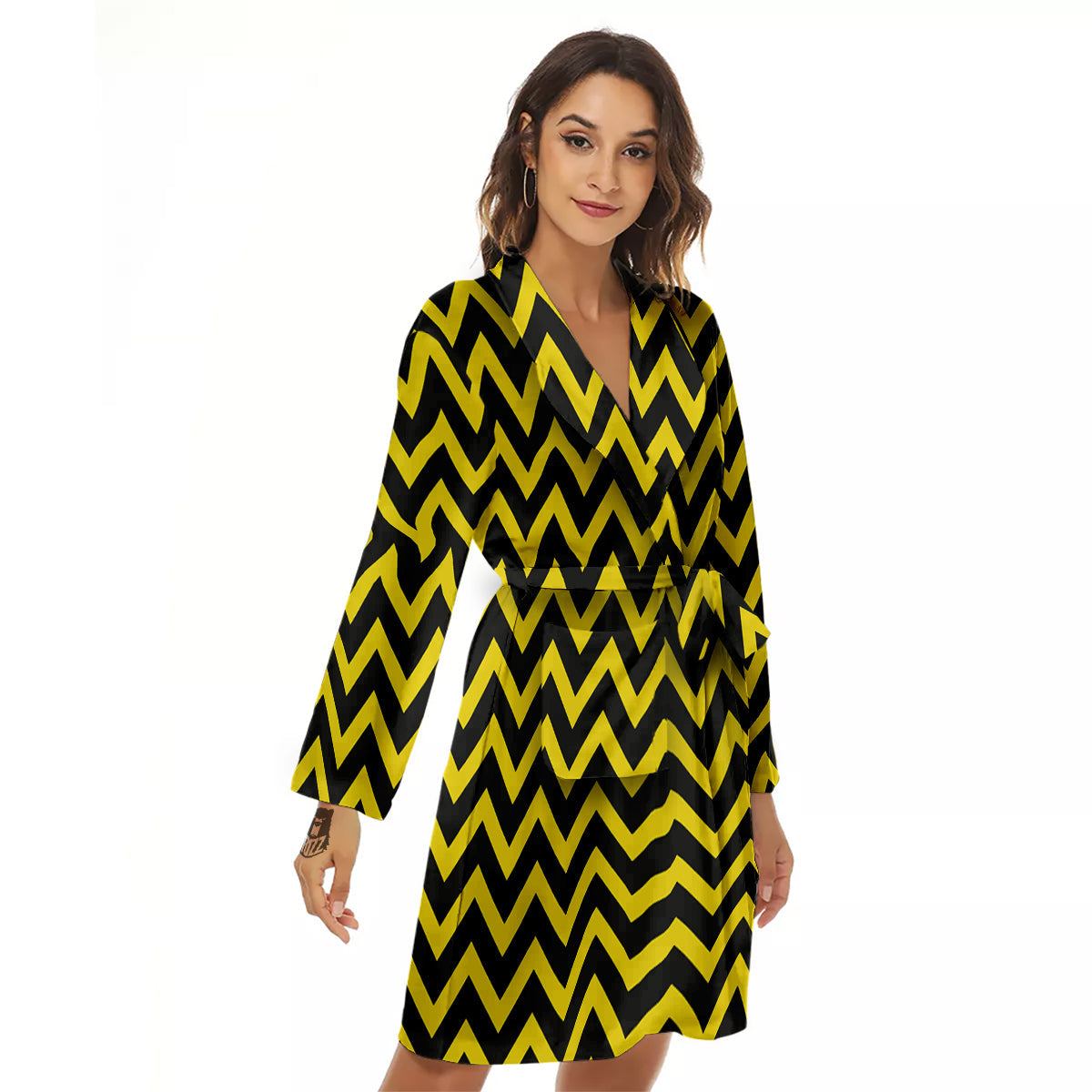 Zigzag Yellow And Black Print Pattern Women's Robe-grizzshop