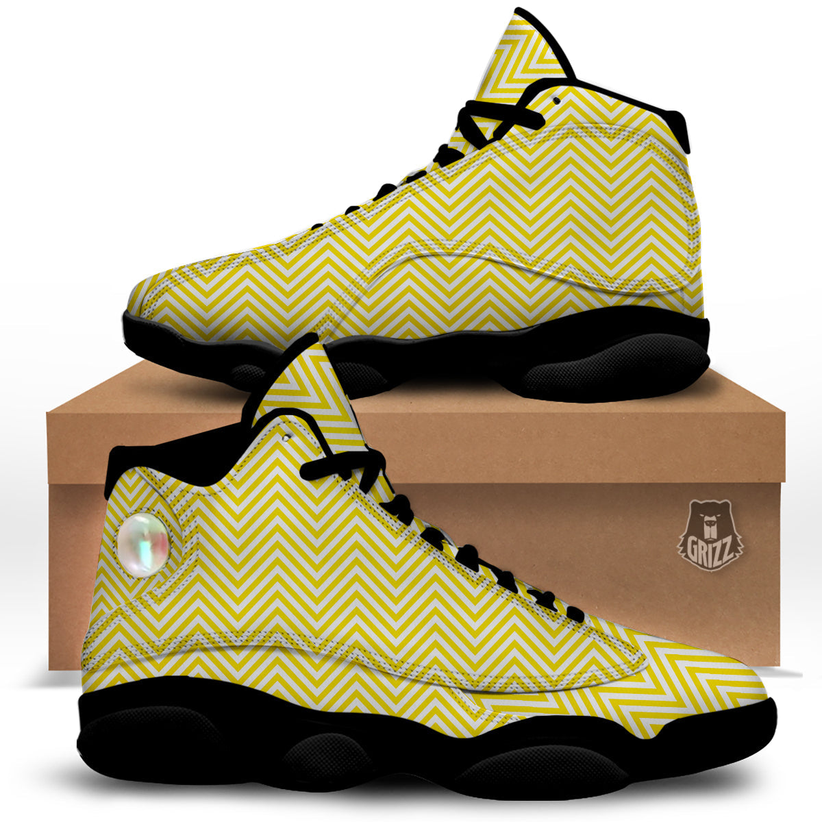 Zigzag Yellow And White Print Pattern Black Basketball Shoes-grizzshop