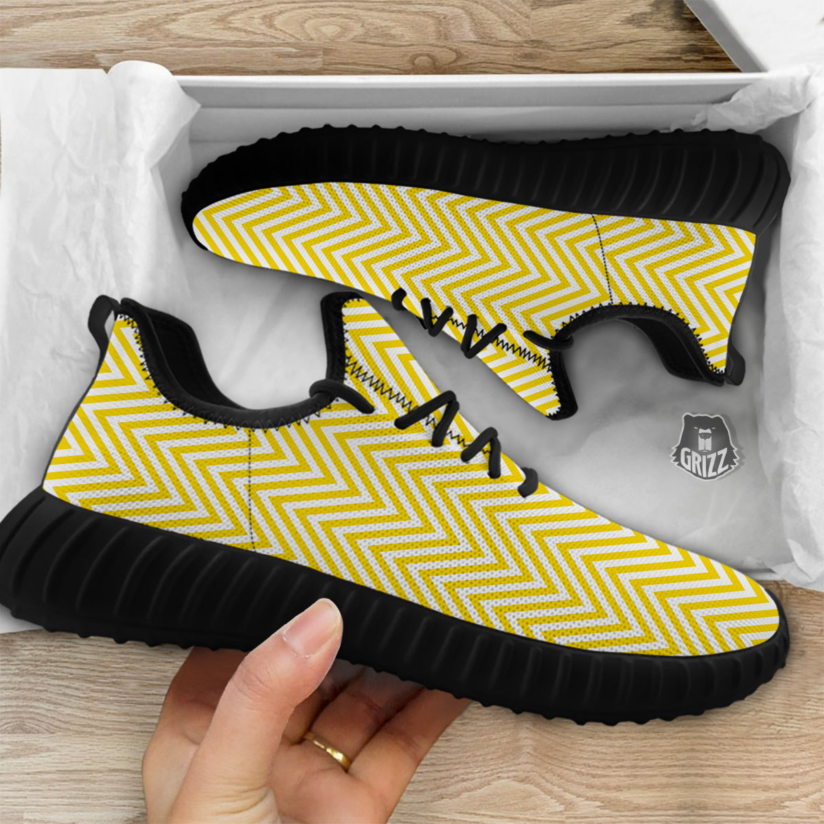 Zigzag Yellow And White Print Pattern Black Walking Shoes-grizzshop