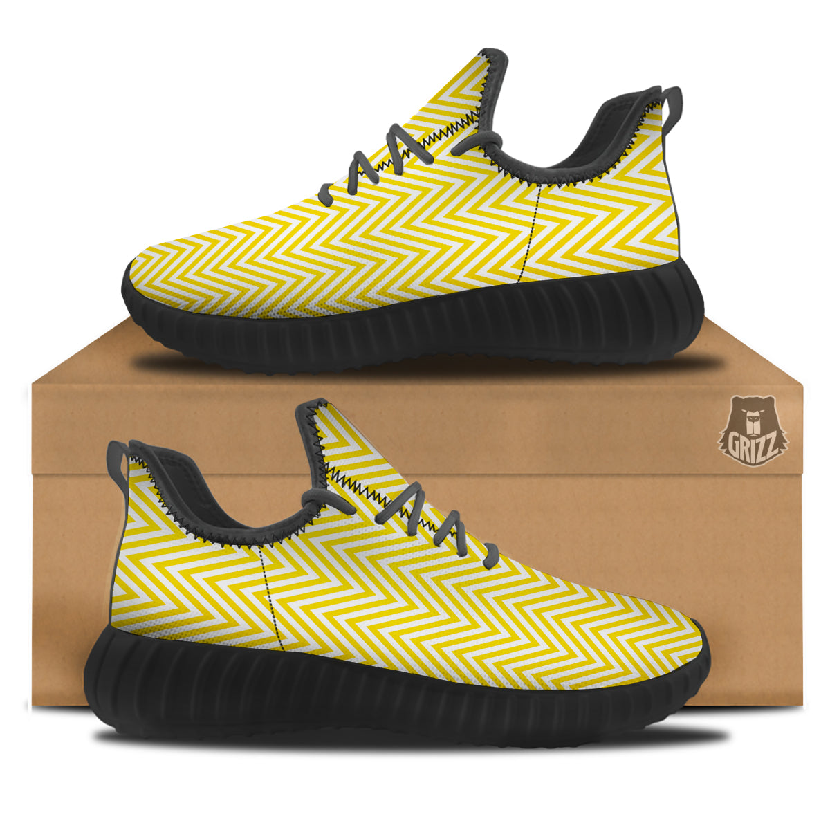 Zigzag Yellow And White Print Pattern Black Walking Shoes-grizzshop