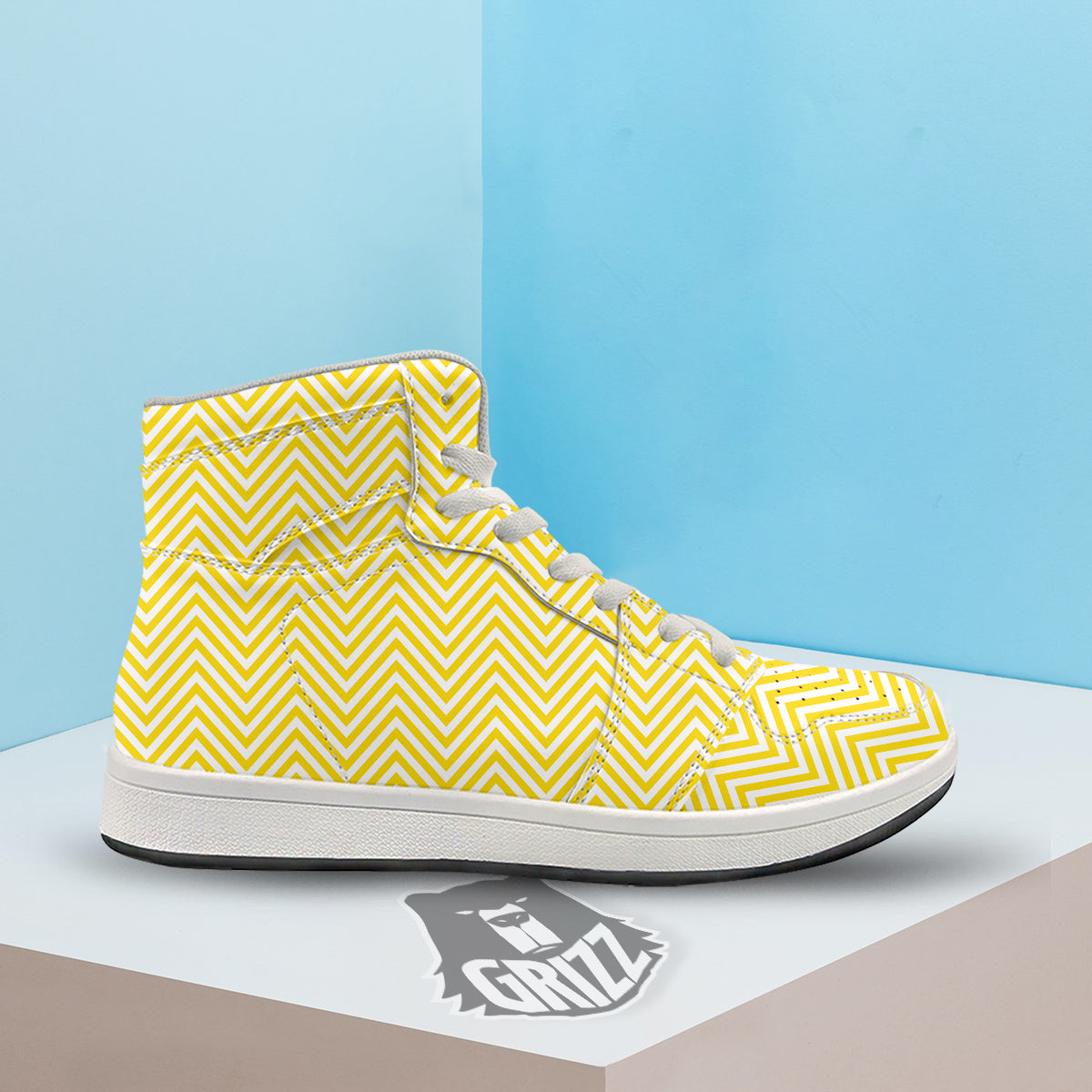 Zigzag Yellow And White Print Pattern High Top Sneakers-grizzshop