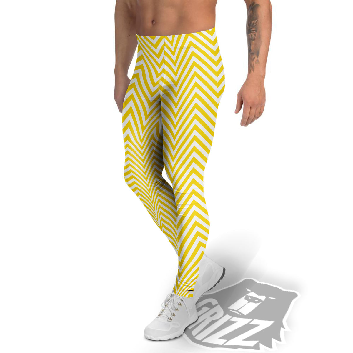 Zigzag Yellow And White Print Pattern Men's Leggings-grizzshop