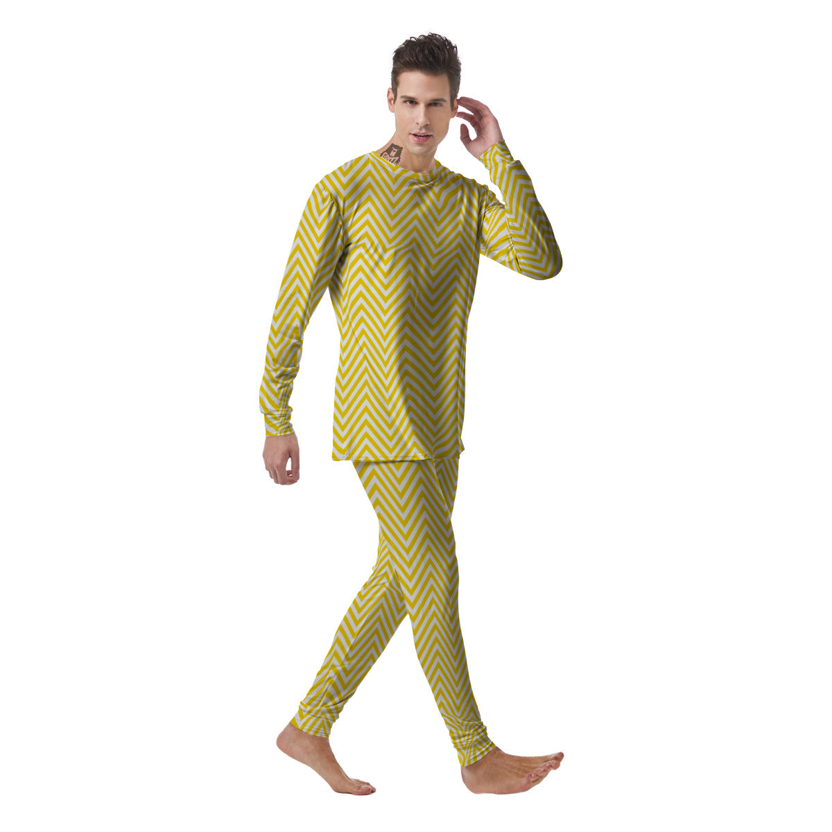 Zigzag Yellow And White Print Pattern Men's Pajamas-grizzshop