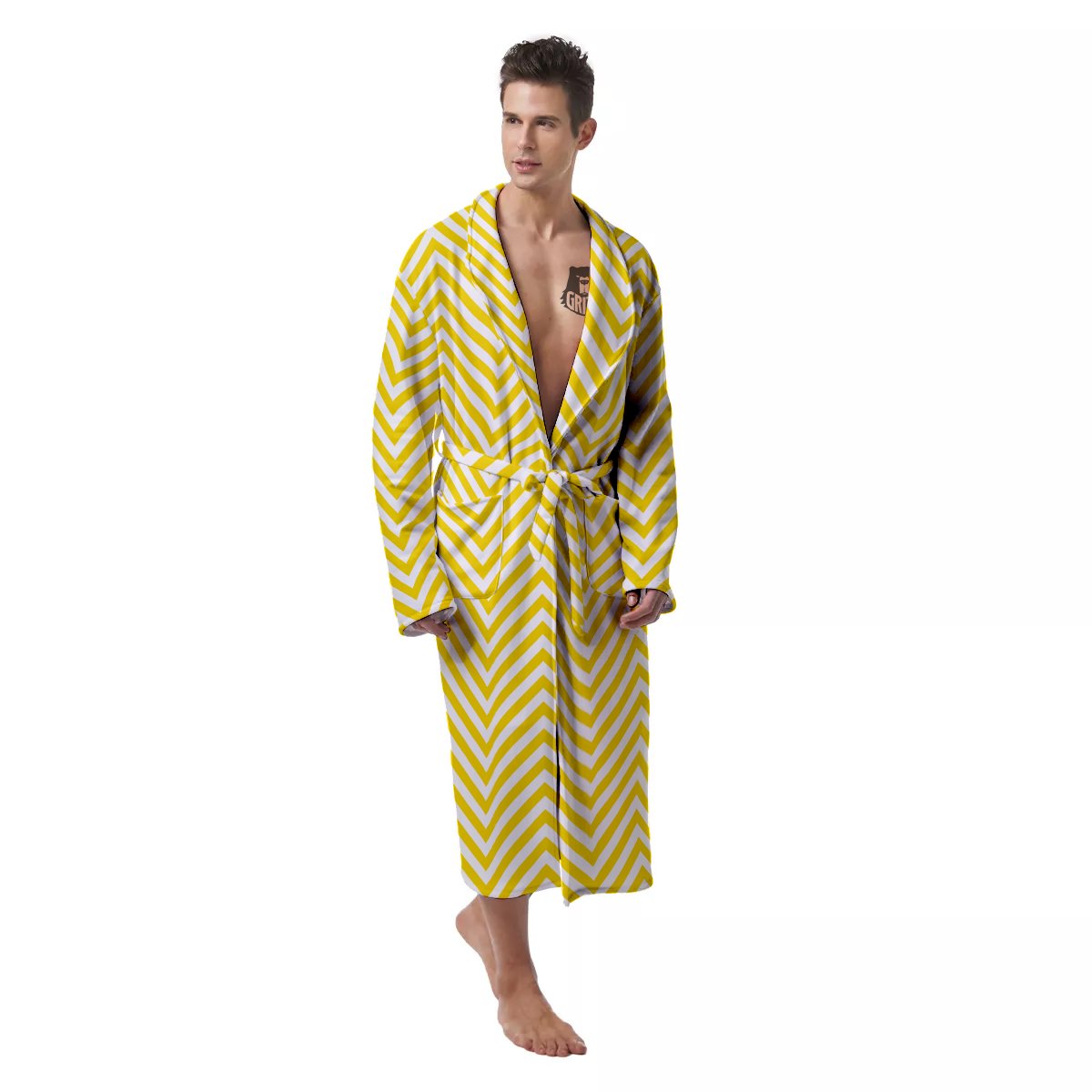 Zigzag Yellow And White Print Pattern Men's Robe-grizzshop