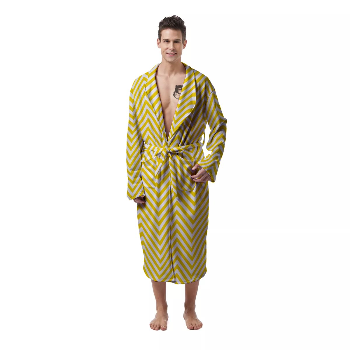 Zigzag Yellow And White Print Pattern Men's Robe-grizzshop