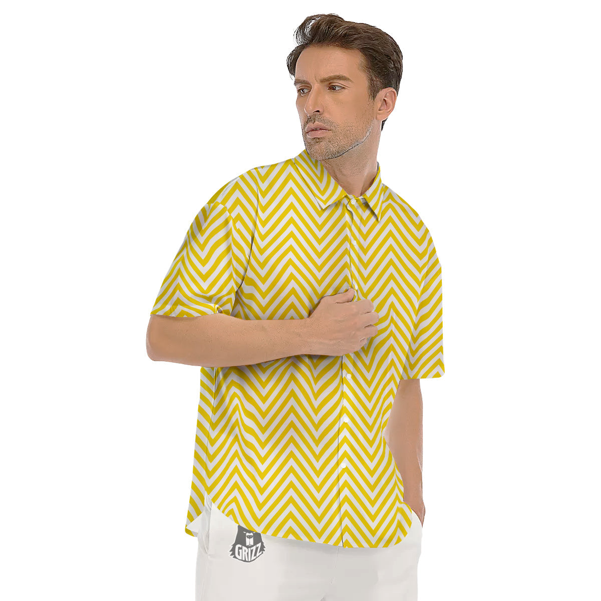 Zigzag Yellow And White Print Pattern Men's Short Sleeve Shirts-grizzshop