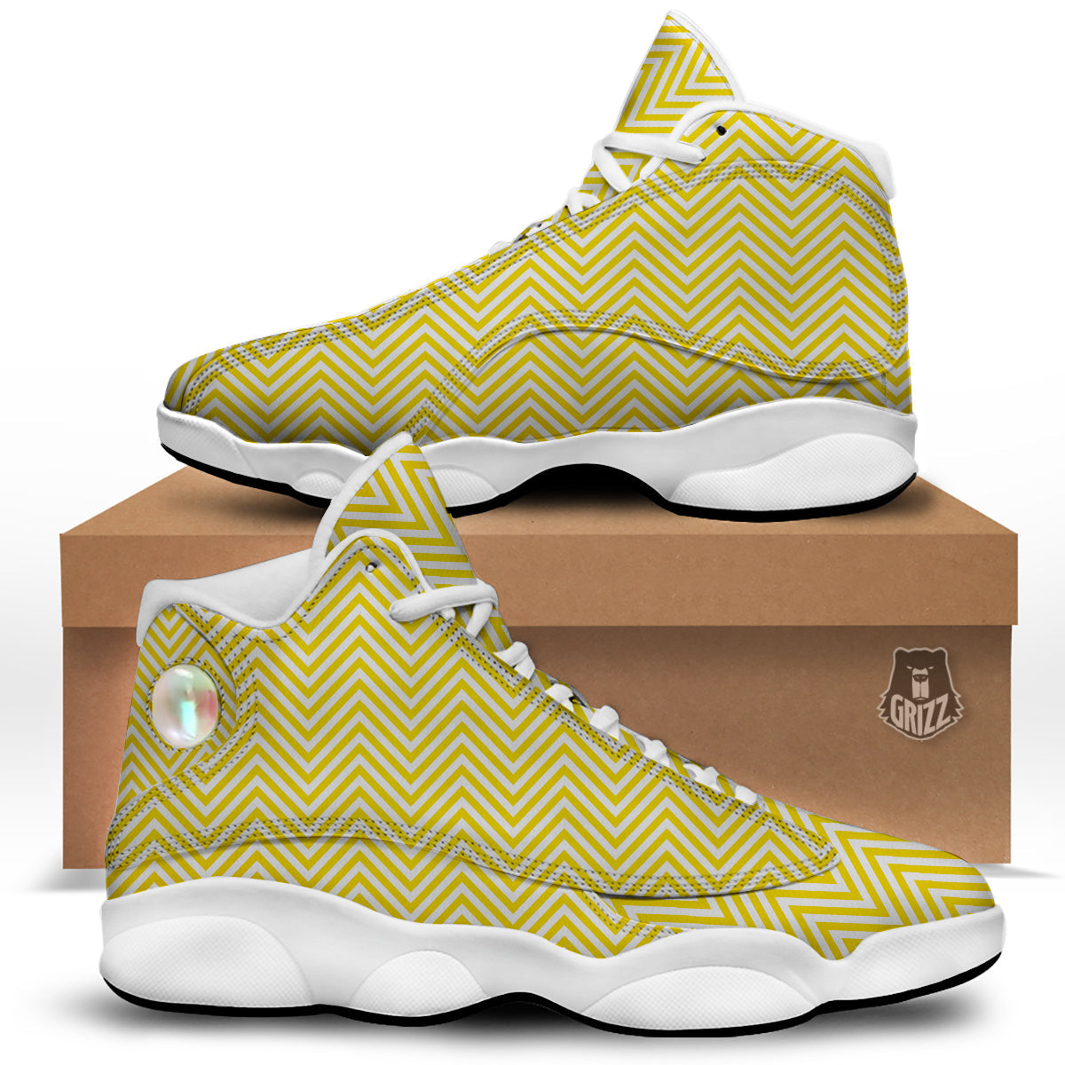 Zigzag Yellow And White Print Pattern White Basketball Shoes-grizzshop