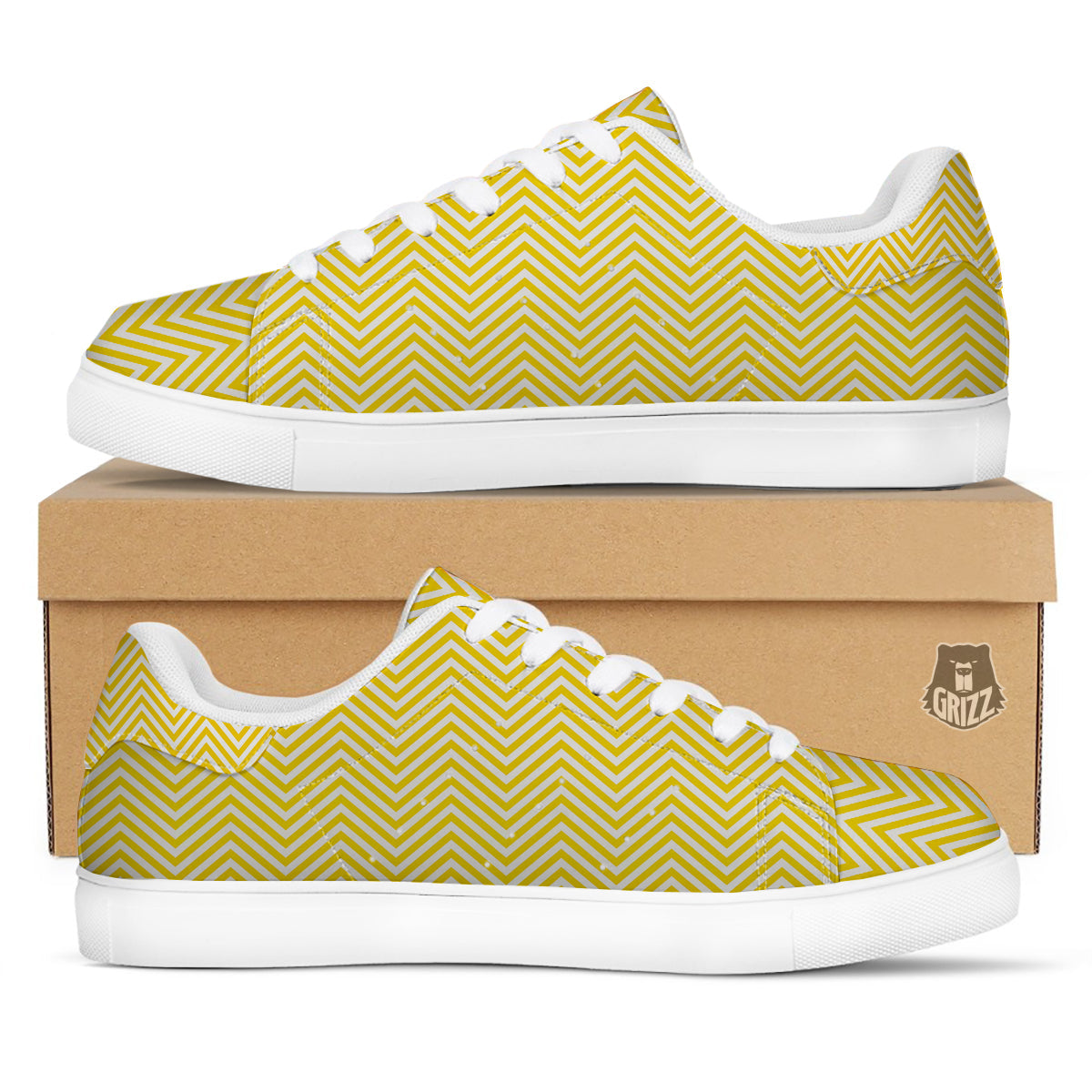 Zigzag Yellow And White Print Pattern White Low Top Sneakers-grizzshop