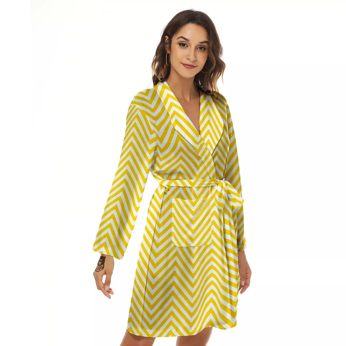 Zigzag Yellow And White Print Pattern Women's Robe-grizzshop