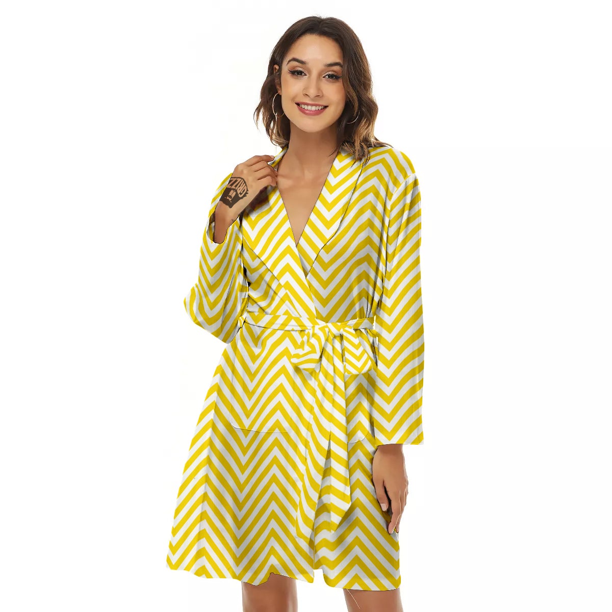 Zigzag Yellow And White Print Pattern Women's Robe-grizzshop