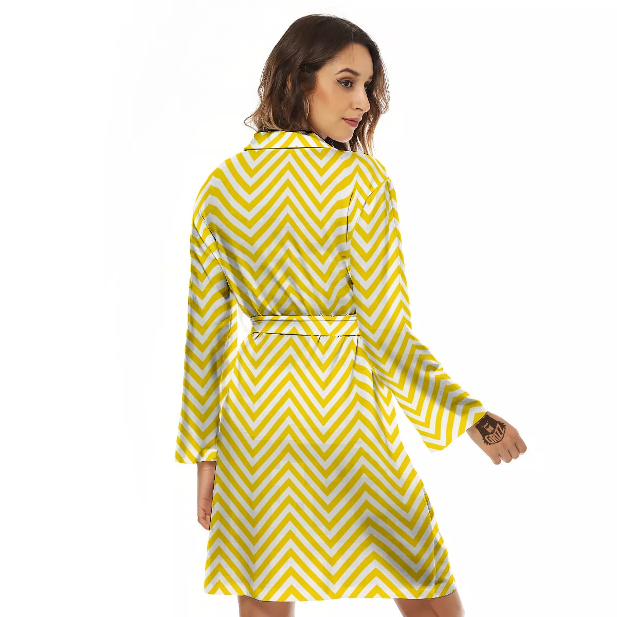 Zigzag Yellow And White Print Pattern Women's Robe-grizzshop