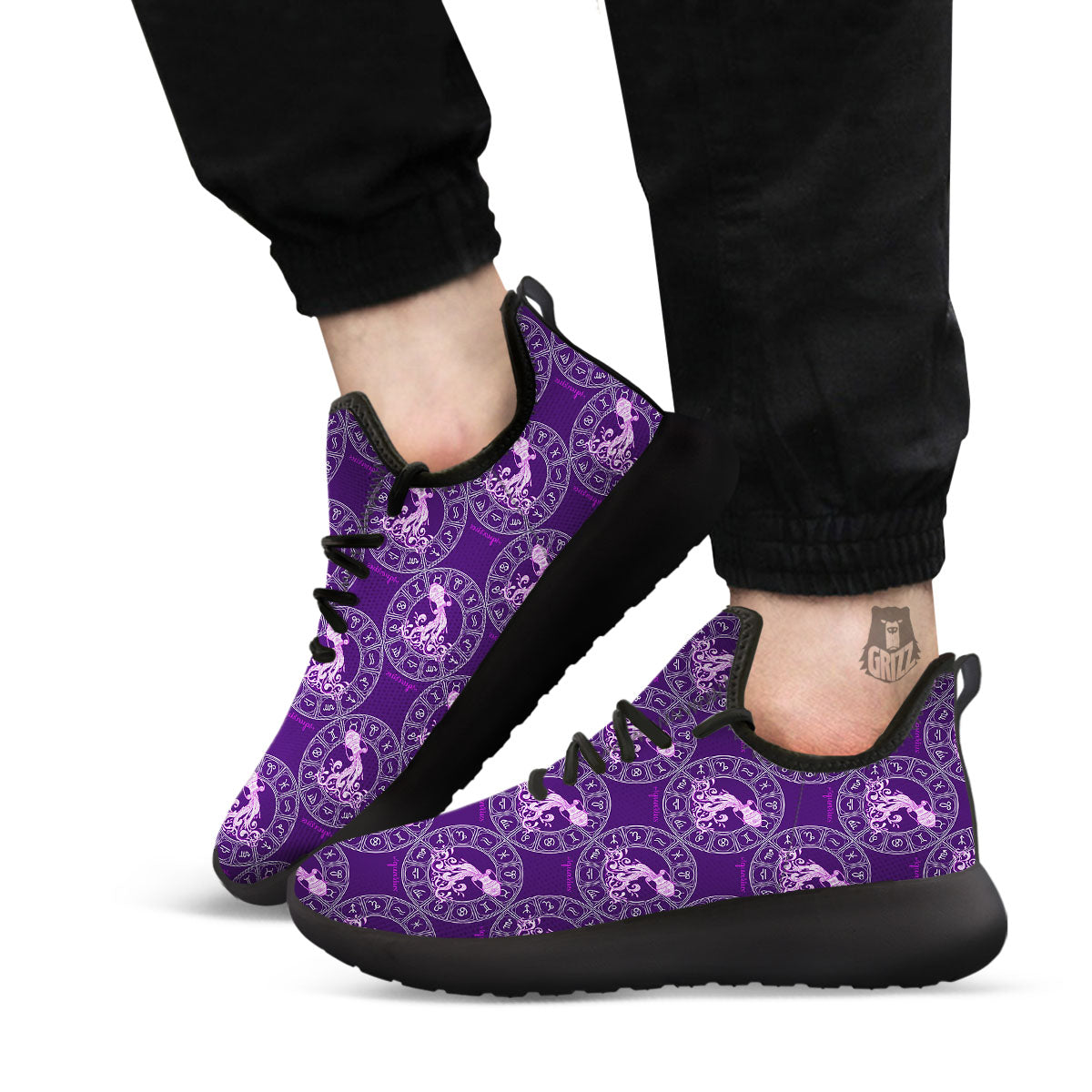 Zodiac Aquarius Purple Print Pattern Black Athletic Shoes-grizzshop