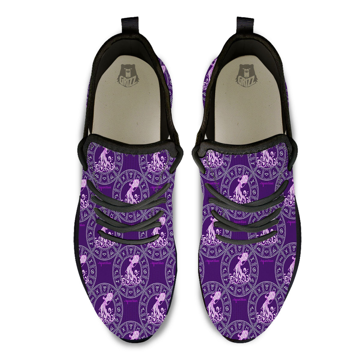 Zodiac Aquarius Purple Print Pattern Black Athletic Shoes-grizzshop