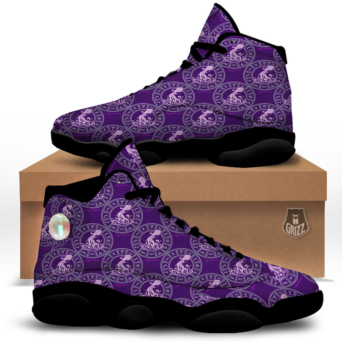 Zodiac Aquarius Purple Print Pattern Black Basketball Shoes-grizzshop