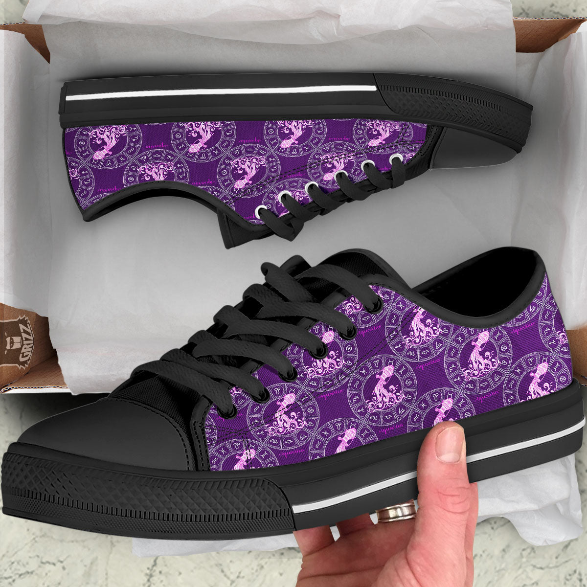 Zodiac Aquarius Purple Print Pattern Black Low Top Shoes-grizzshop