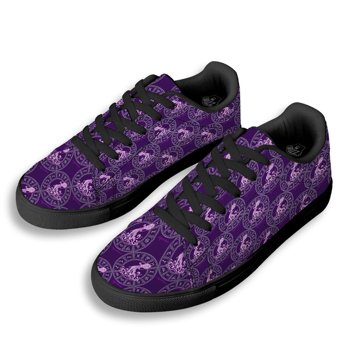 Zodiac Aquarius Purple Print Pattern Black Low Top Sneakers-grizzshop