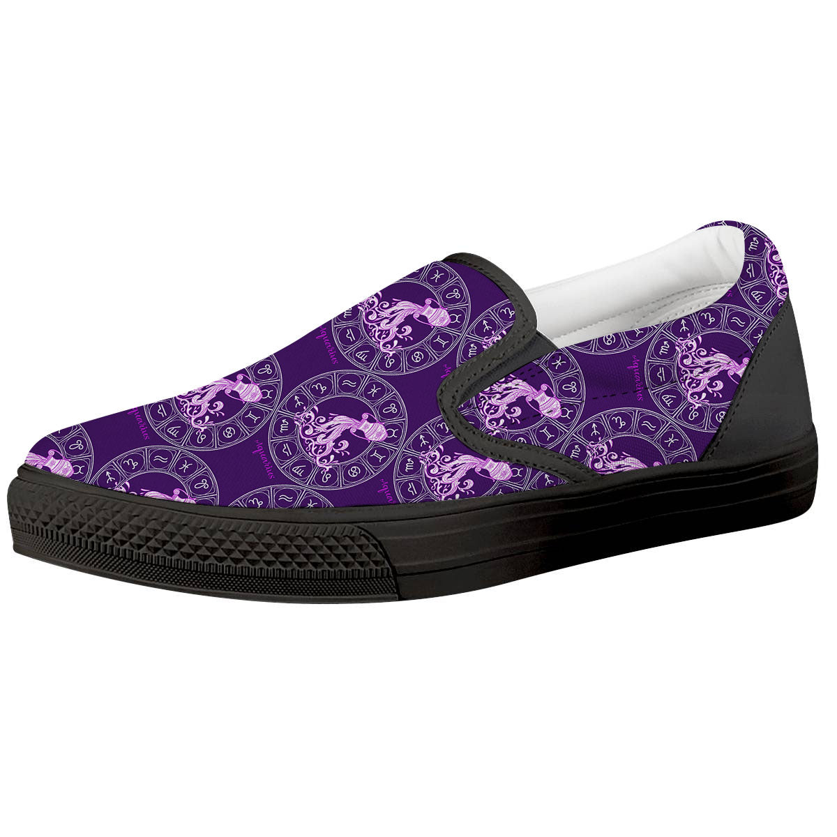 Zodiac Aquarius Purple Print Pattern Black Slip On Shoes-grizzshop