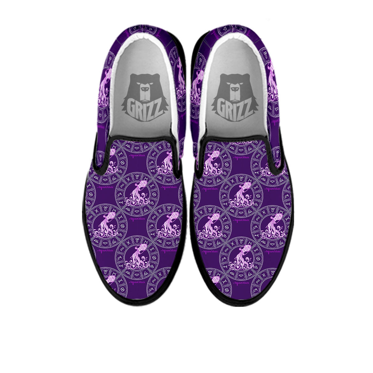 Zodiac Aquarius Purple Print Pattern Black Slip On Shoes-grizzshop