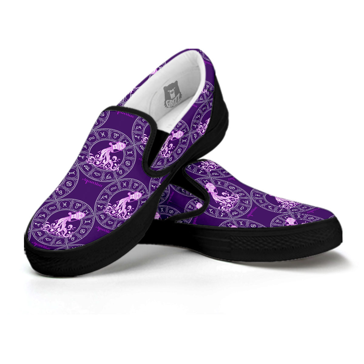 Zodiac Aquarius Purple Print Pattern Black Slip On Shoes-grizzshop