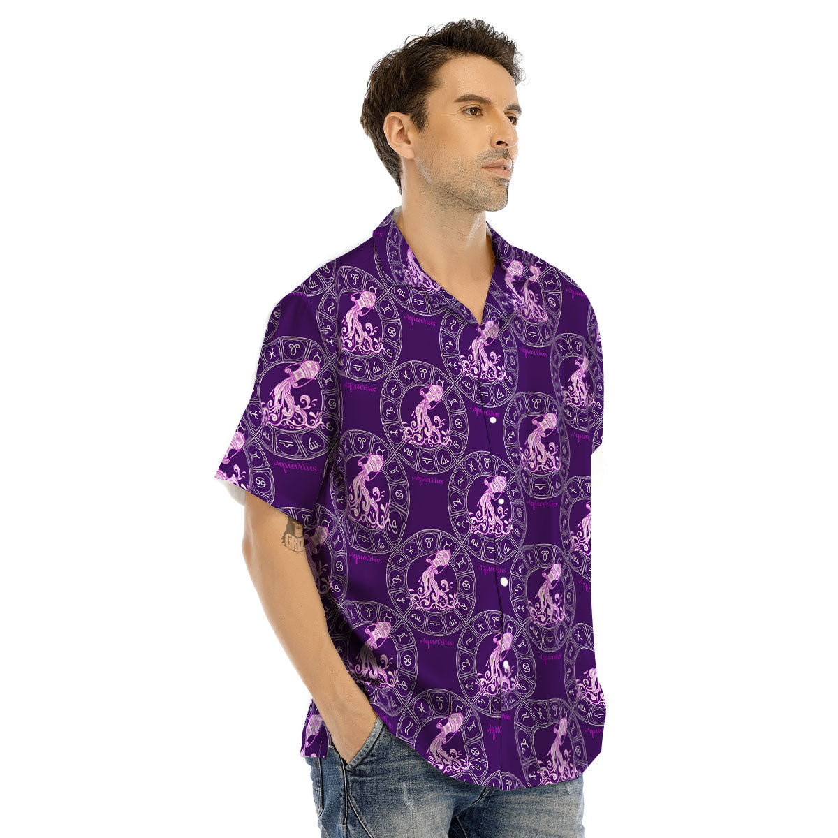 Zodiac Aquarius Purple Print Pattern Men's Hawaiian Shirt-grizzshop