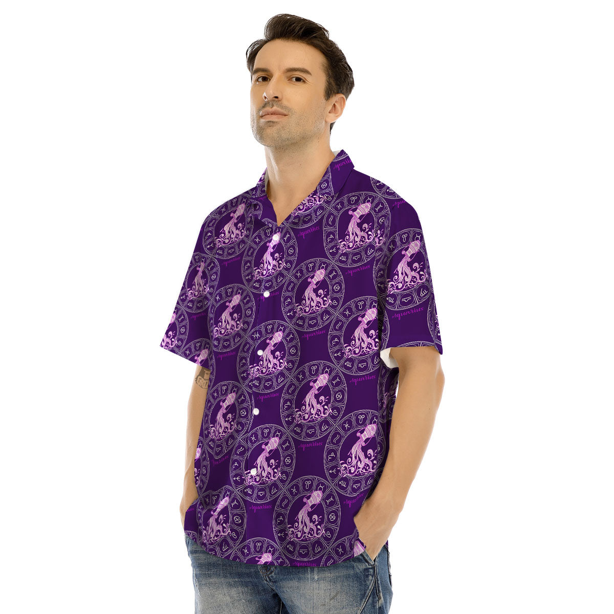 Zodiac Aquarius Purple Print Pattern Men's Hawaiian Shirt-grizzshop