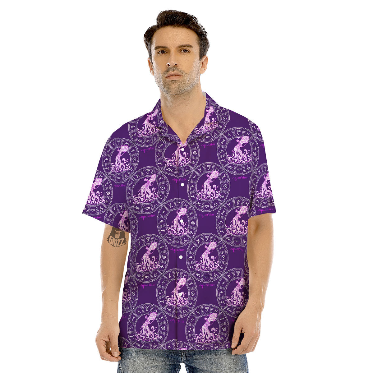 Zodiac Aquarius Purple Print Pattern Men's Hawaiian Shirt-grizzshop