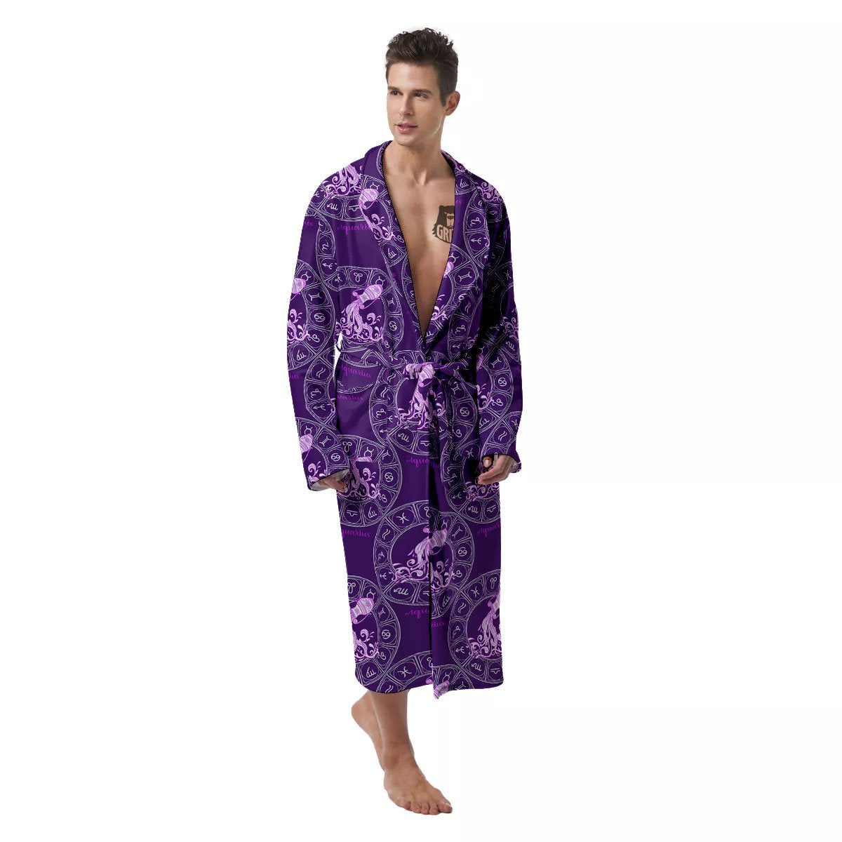 Zodiac Aquarius Purple Print Pattern Men's Robe-grizzshop