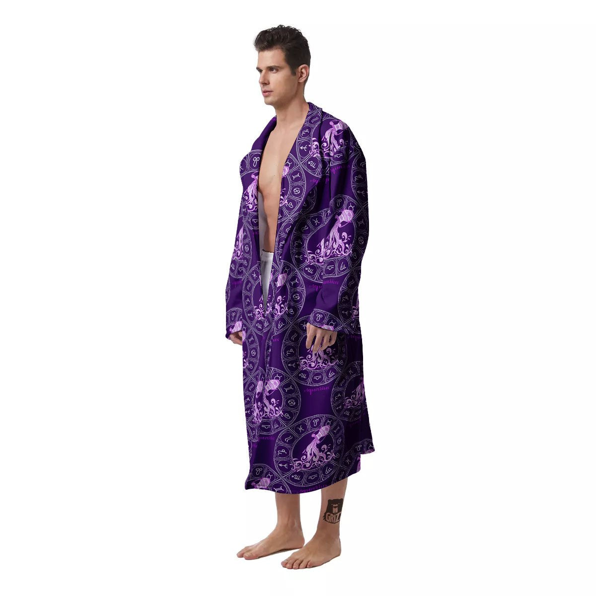 Zodiac Aquarius Purple Print Pattern Men's Robe-grizzshop