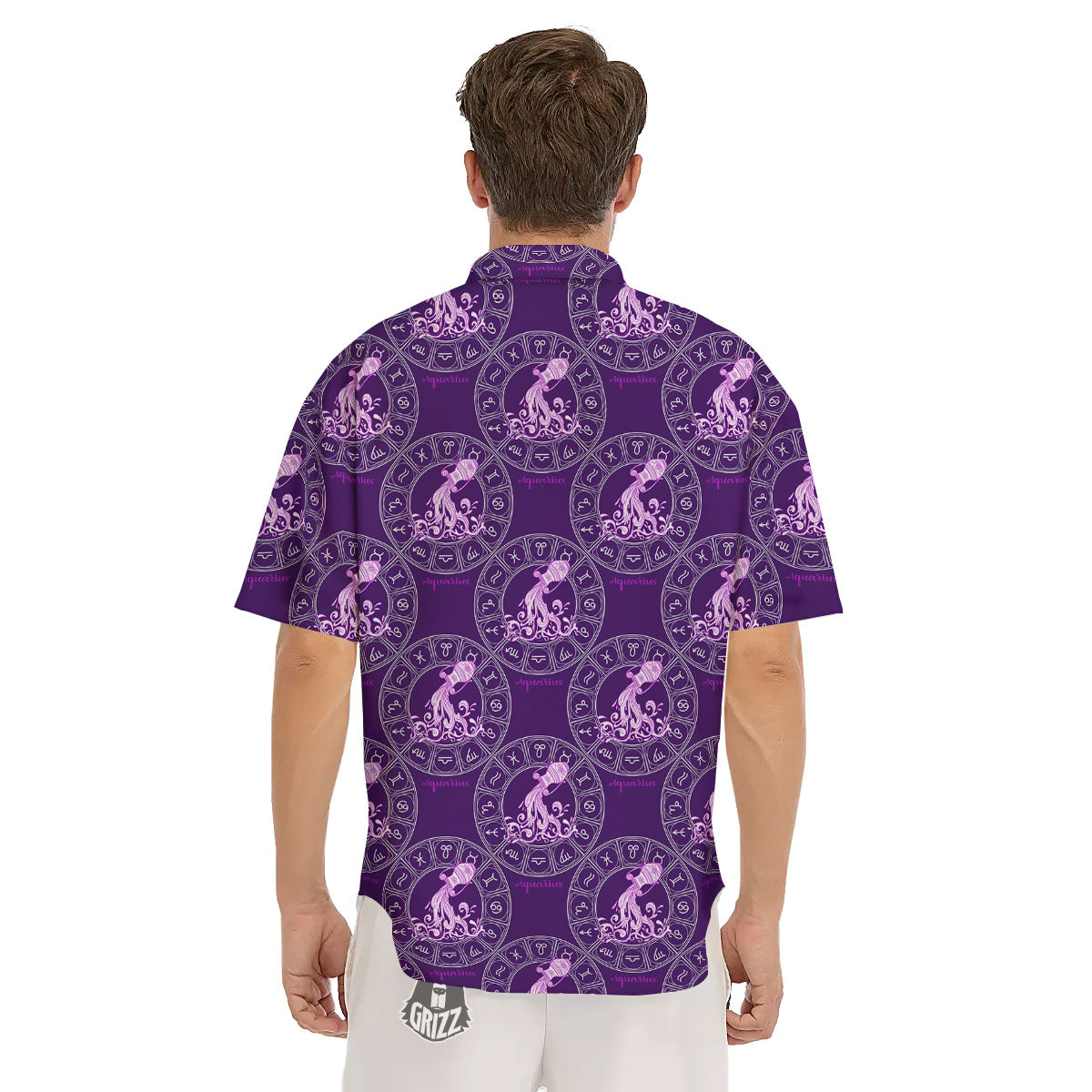 Zodiac Aquarius Purple Print Pattern Men's Short Sleeve Shirts-grizzshop