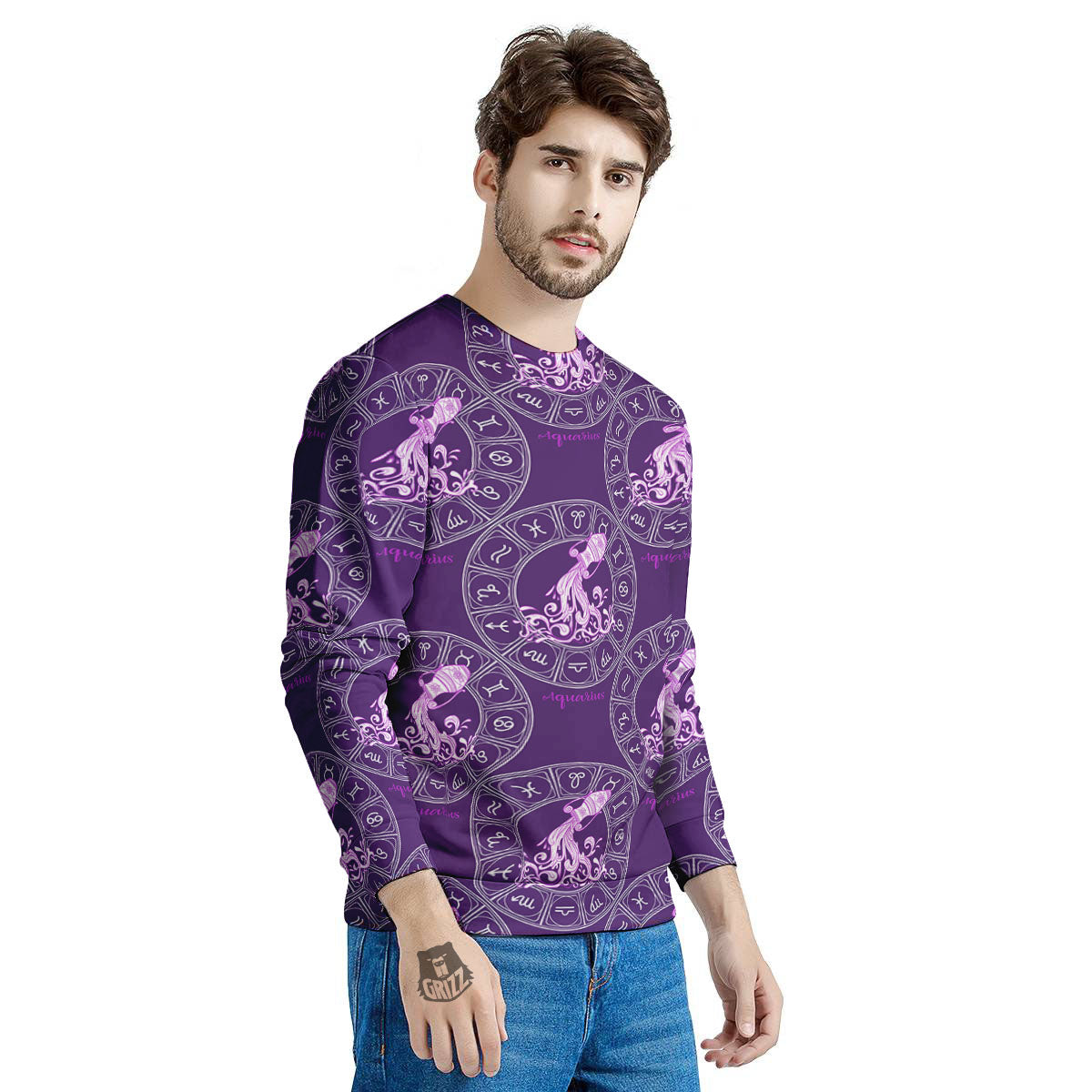 Zodiac Aquarius Purple Print Pattern Men's Sweatshirt-grizzshop