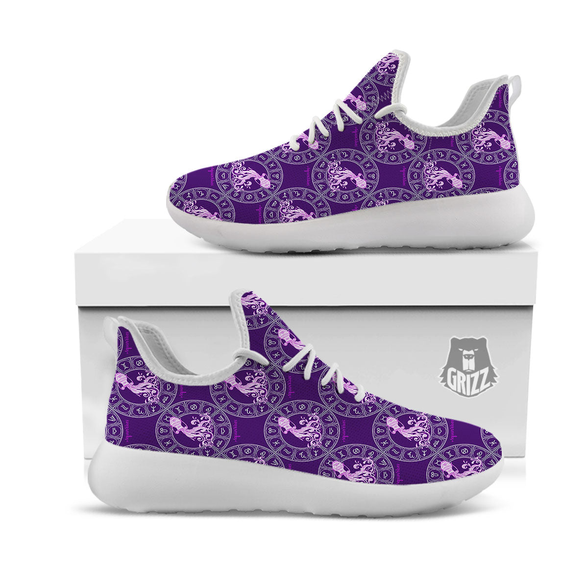 Zodiac Aquarius Purple Print Pattern White Athletic Shoes-grizzshop