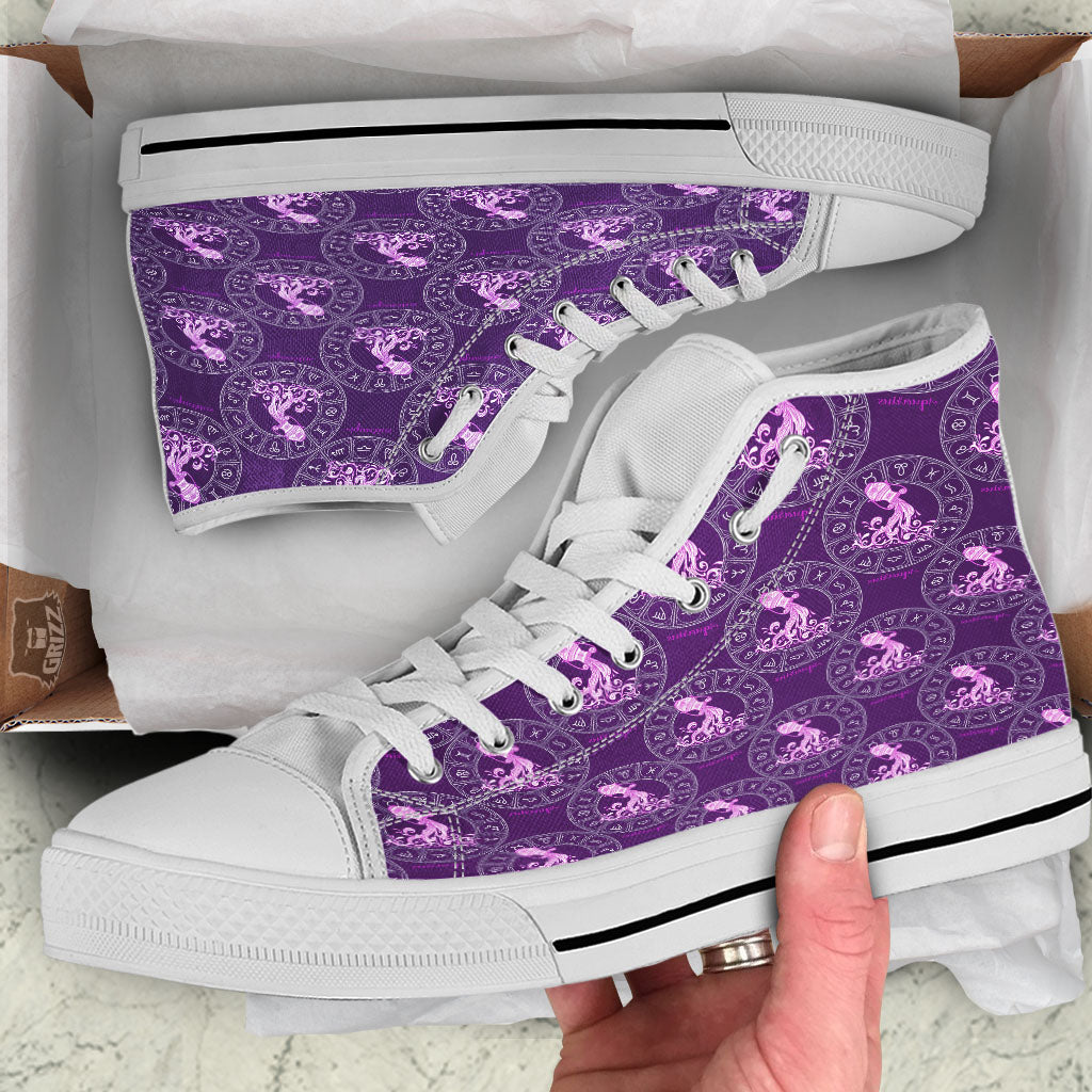 Zodiac Aquarius Purple Print Pattern White High Top Shoes-grizzshop