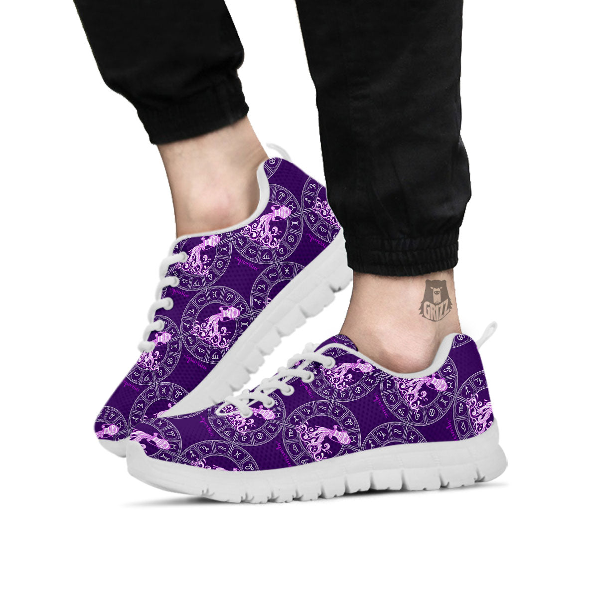 Zodiac Aquarius Purple Print Pattern White Sneaker-grizzshop
