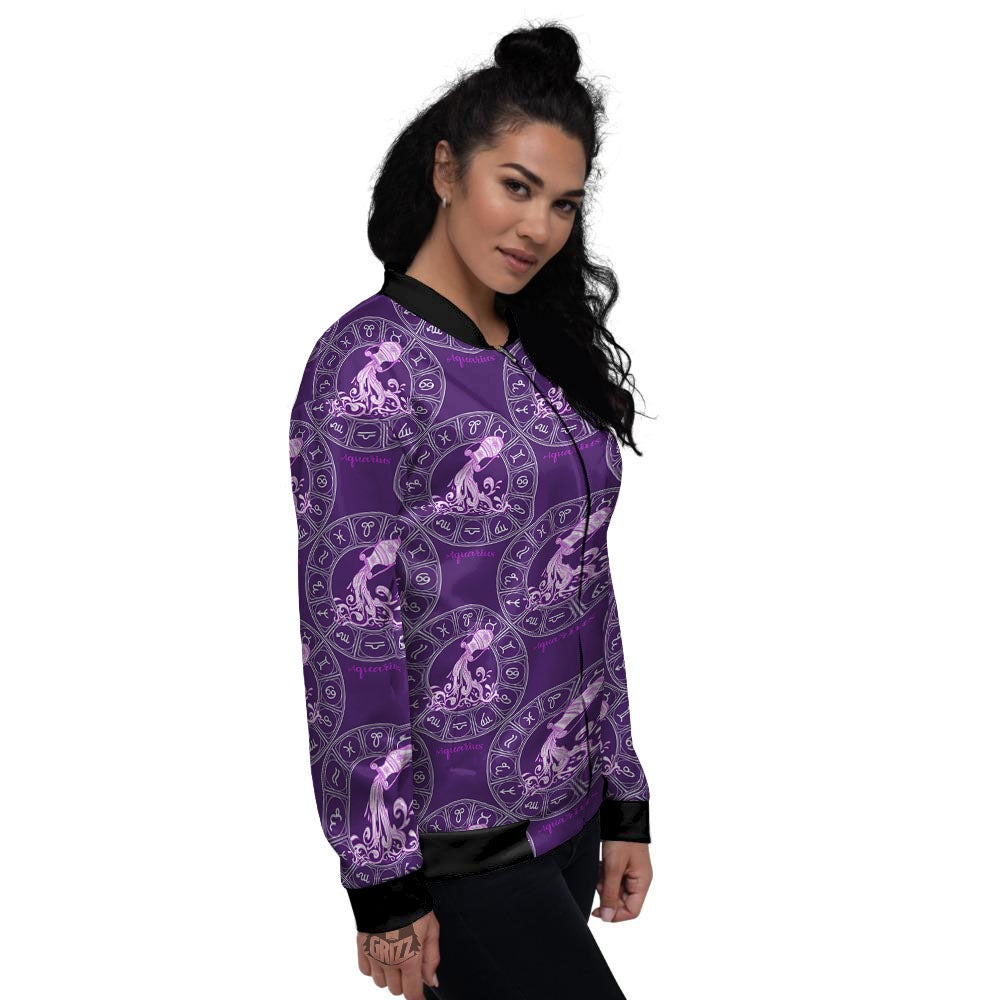 Zodiac Aquarius Purple Print Pattern Women's Bomber Jacket-grizzshop