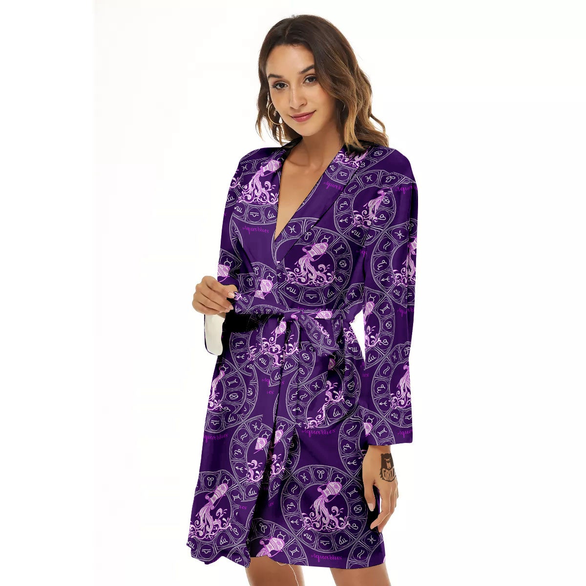 Zodiac Aquarius Purple Print Pattern Women's Robe-grizzshop